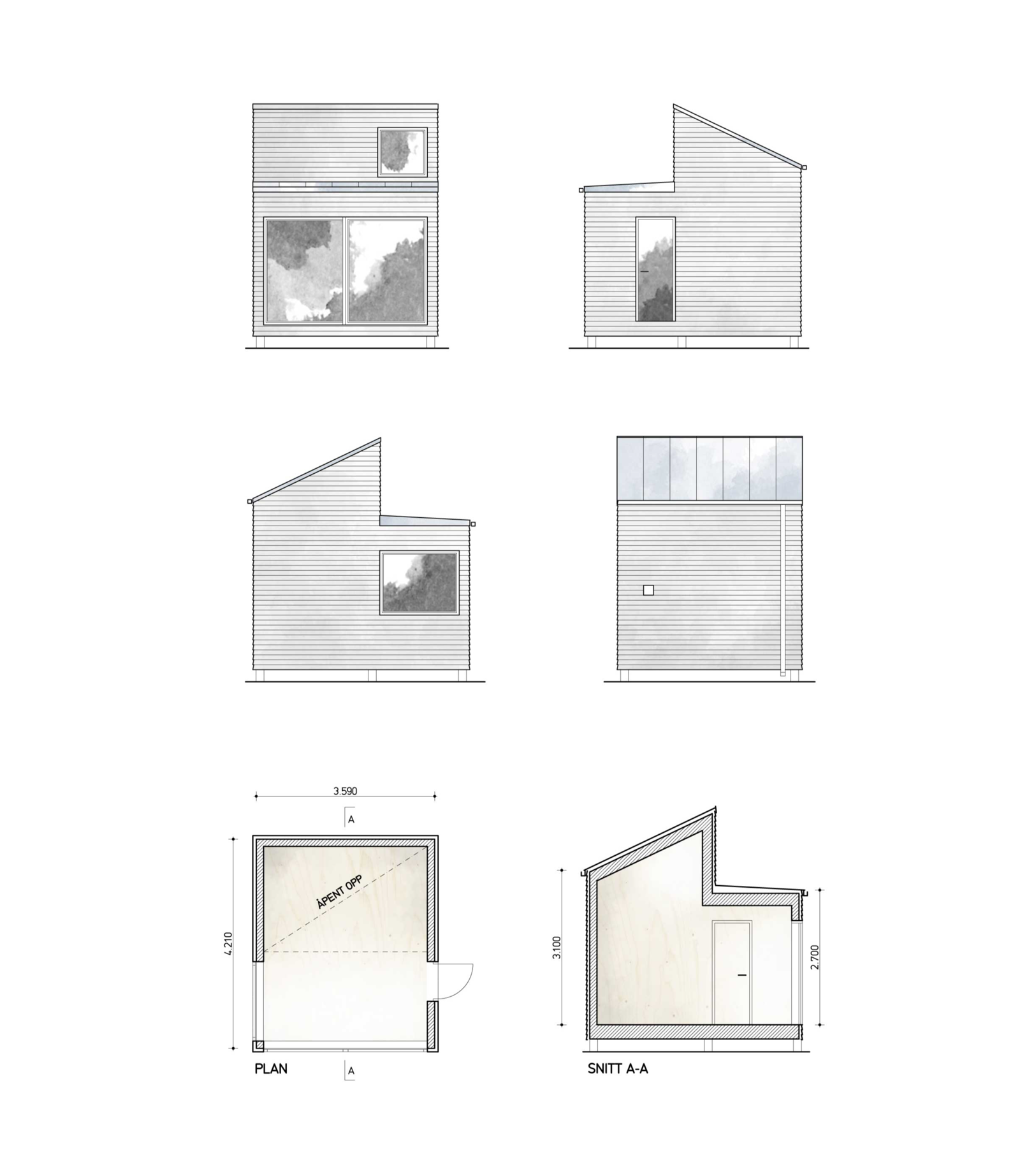 Fire fasader, en plan og et snitt av en hytte. Arkitekt tegning.