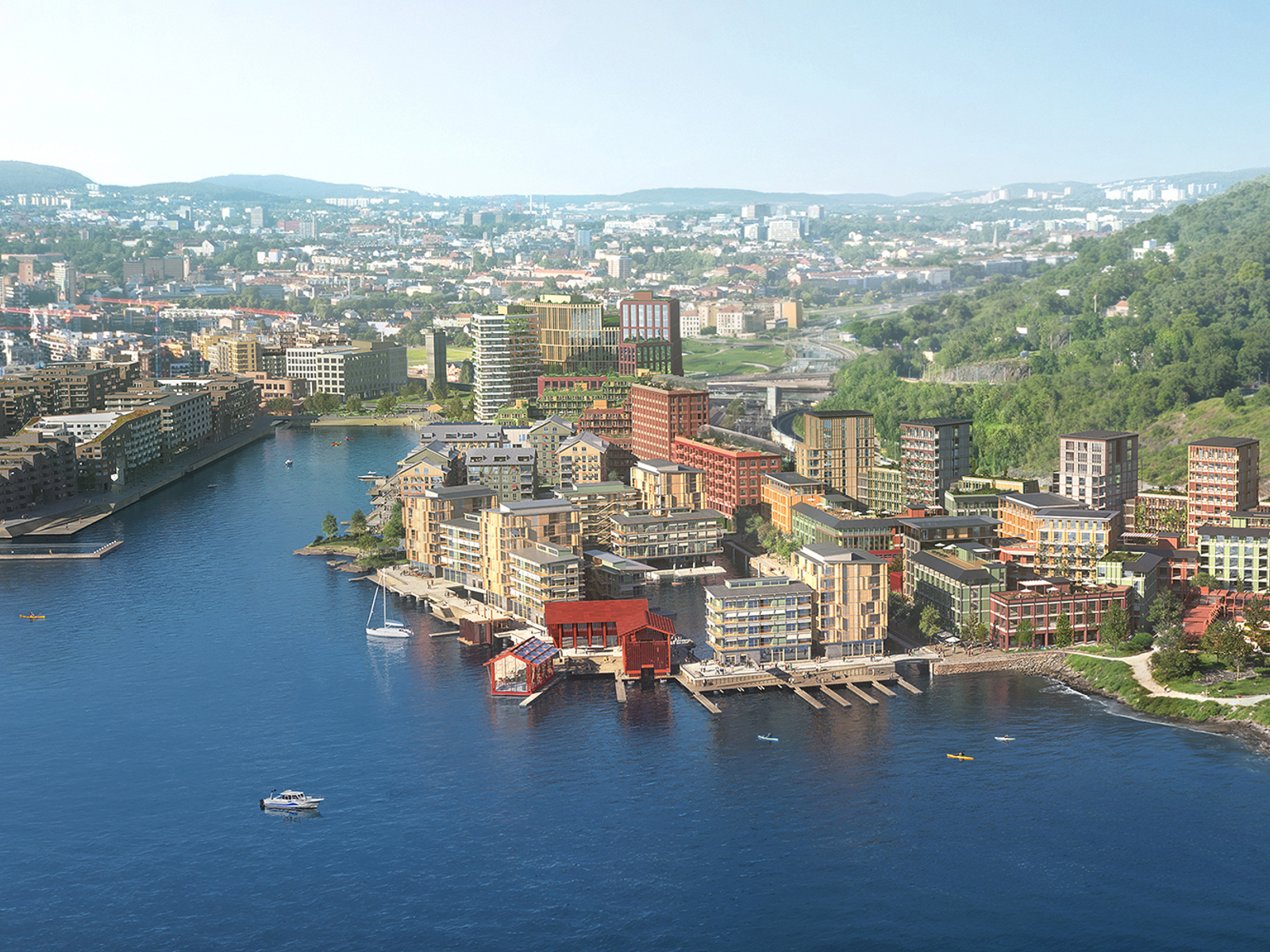 Illustrasjon so viser de nye planene for Grønlikaia, Oslo by i bakgrunnen, fjorden i forgrunnen. Arkitekt rendering.