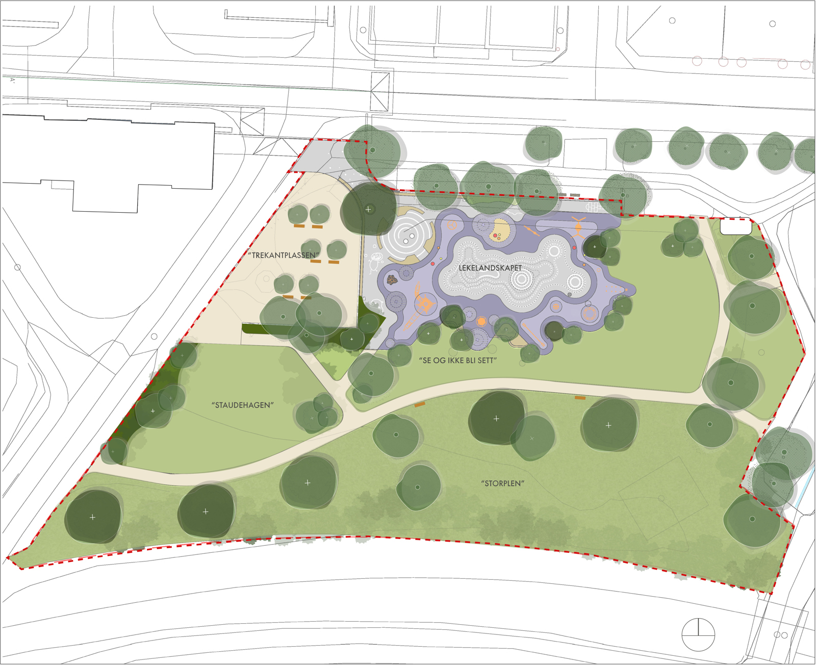 Landskapsplan over Strandgateparken i Hamar, arkitekt tegning.