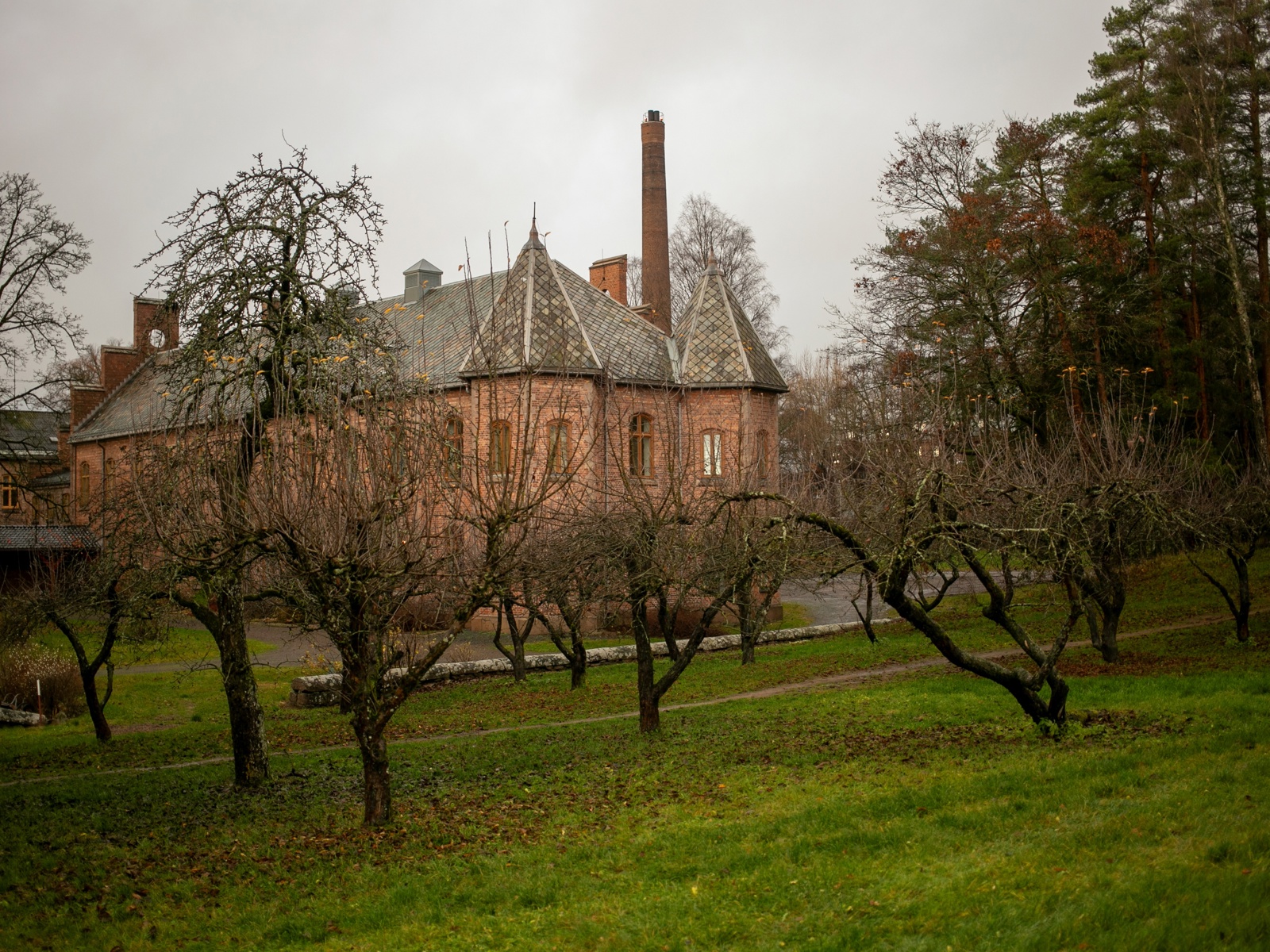 Foto av Gaustad sykehus, med trær uten blader i forgrunnen.