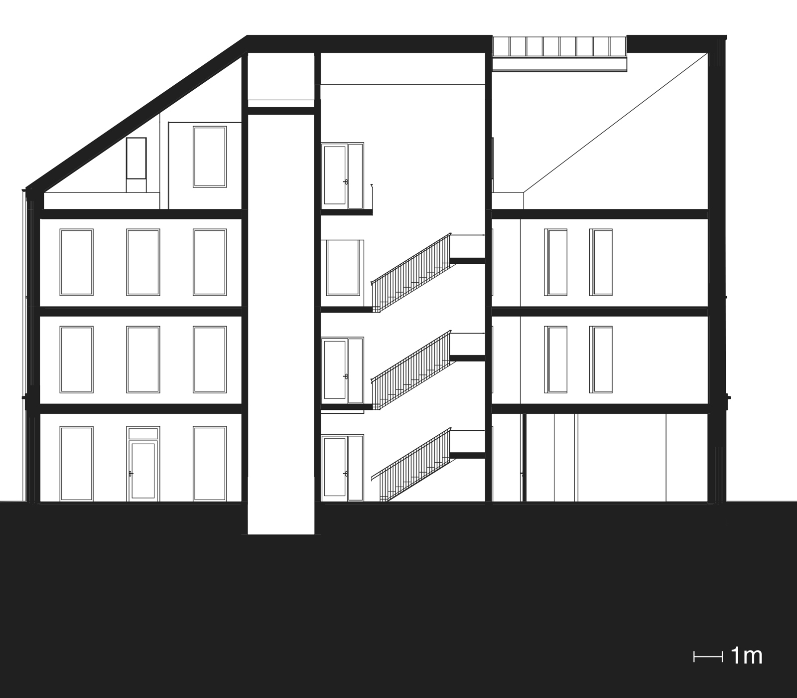 Snitt gjennom næringsbygg, arkitekt tegning.