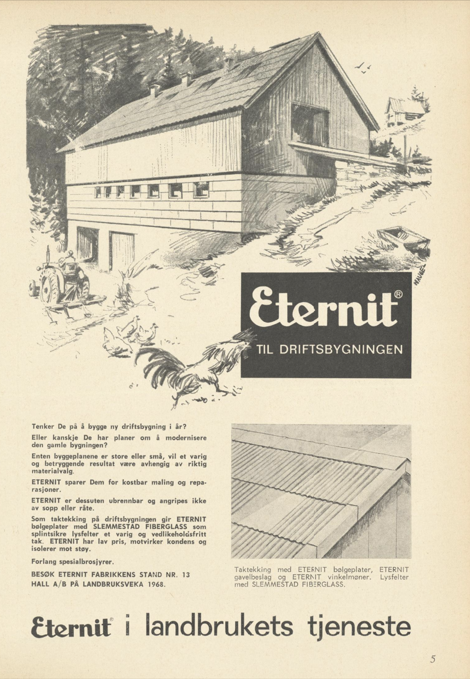 Scan av reklame for Eternit til driftsbygninger, illustrasjon og tekst.