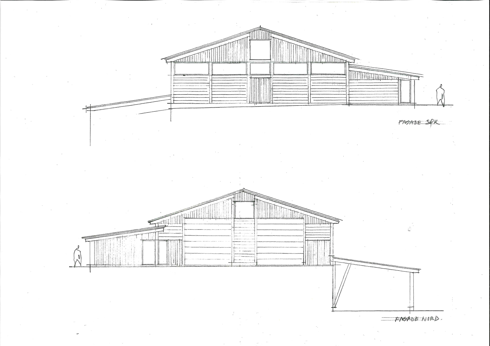 Arkitekt tegning av sør og nord fasade på et fjøs.