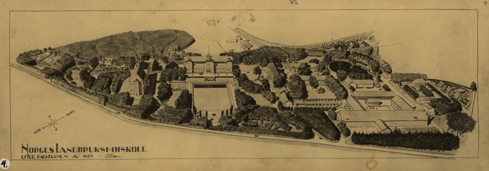 Perspektiv tegning av landskapspark rundt Norges Landbrukshøgskole fra 1924.