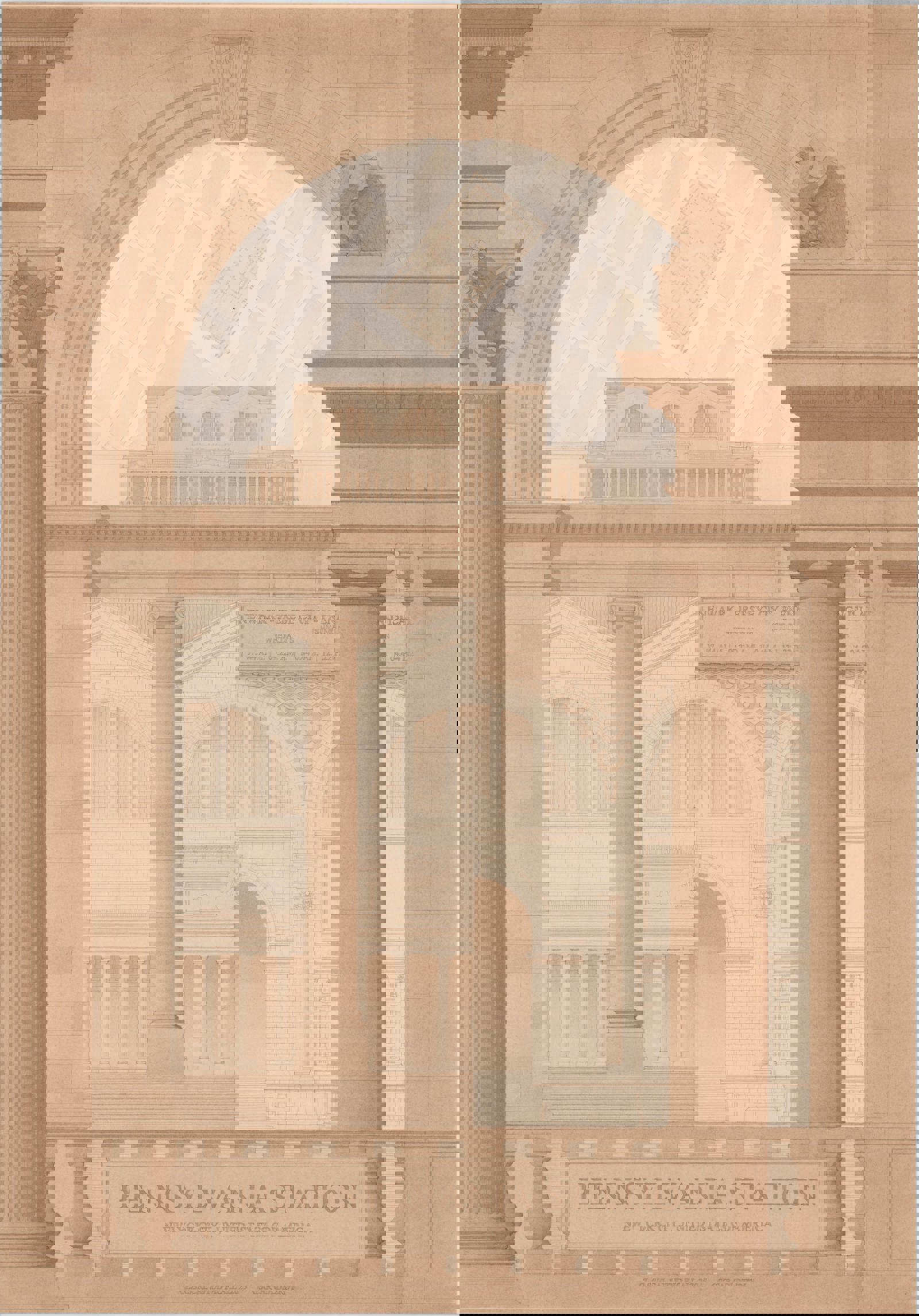 Arkitektonisk håndtegning med søyler, oppriss, plan osv.