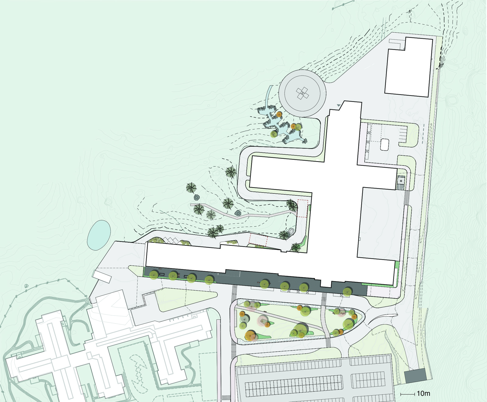 Landskapsplan som viser sykehus med omliggende kontekst. Arkitekt tegning.