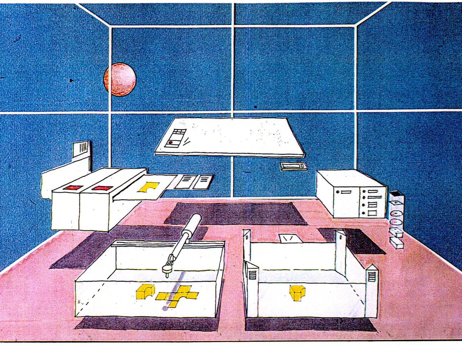 Scan av tegning som viser et blått rom med et tegnebord, plotter og andre gjenstander.