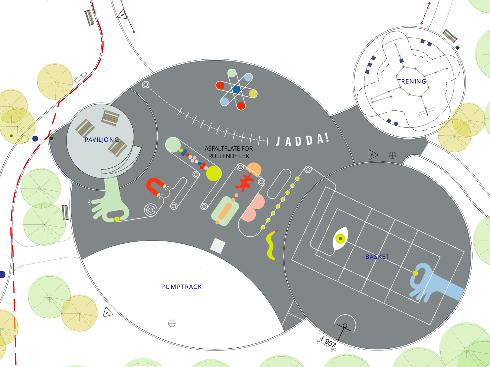 Landskapsplan av Buranbanen aktivitetspark, arkitekt tegning med farger og tekst.