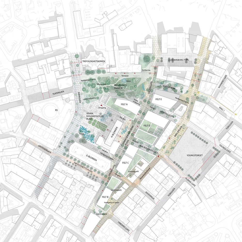 Plantegning over regjeringskvartalet 2016 som viser plan om bilfritt område