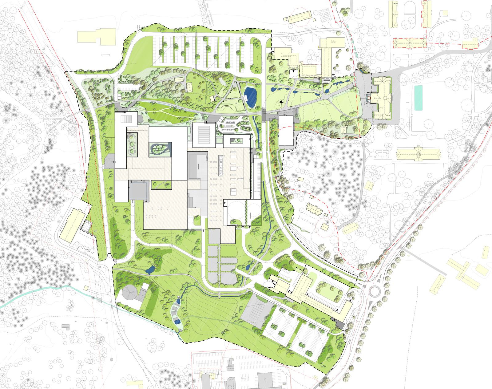 Landskapsplan av parkområde rundt universitet. Arkitekt tegning. 