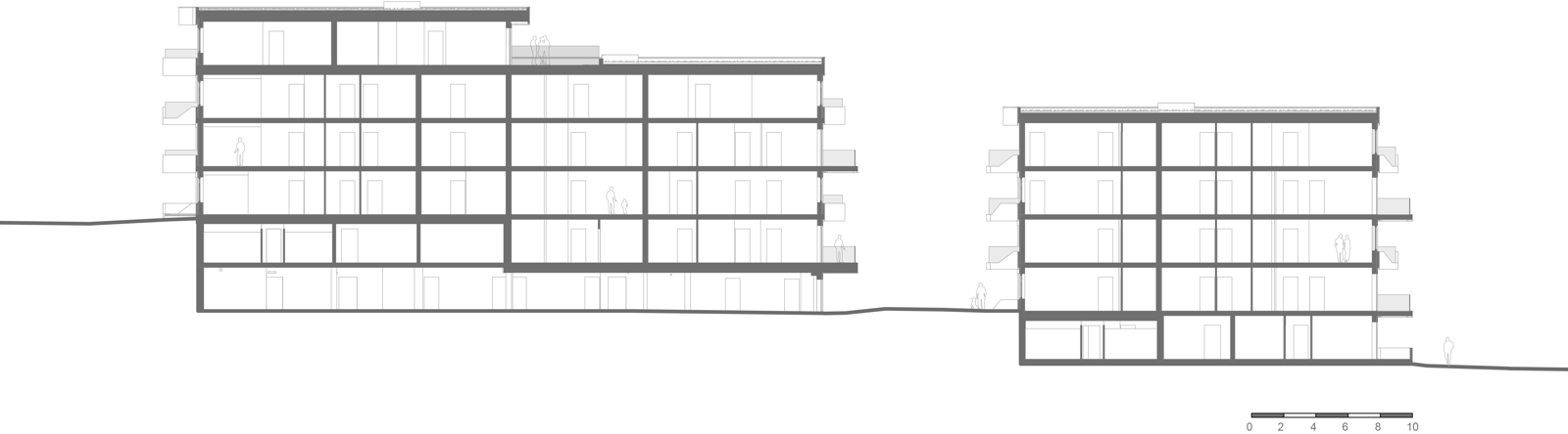 Snitt gjennom boligblokker. Arkitekt tegning.