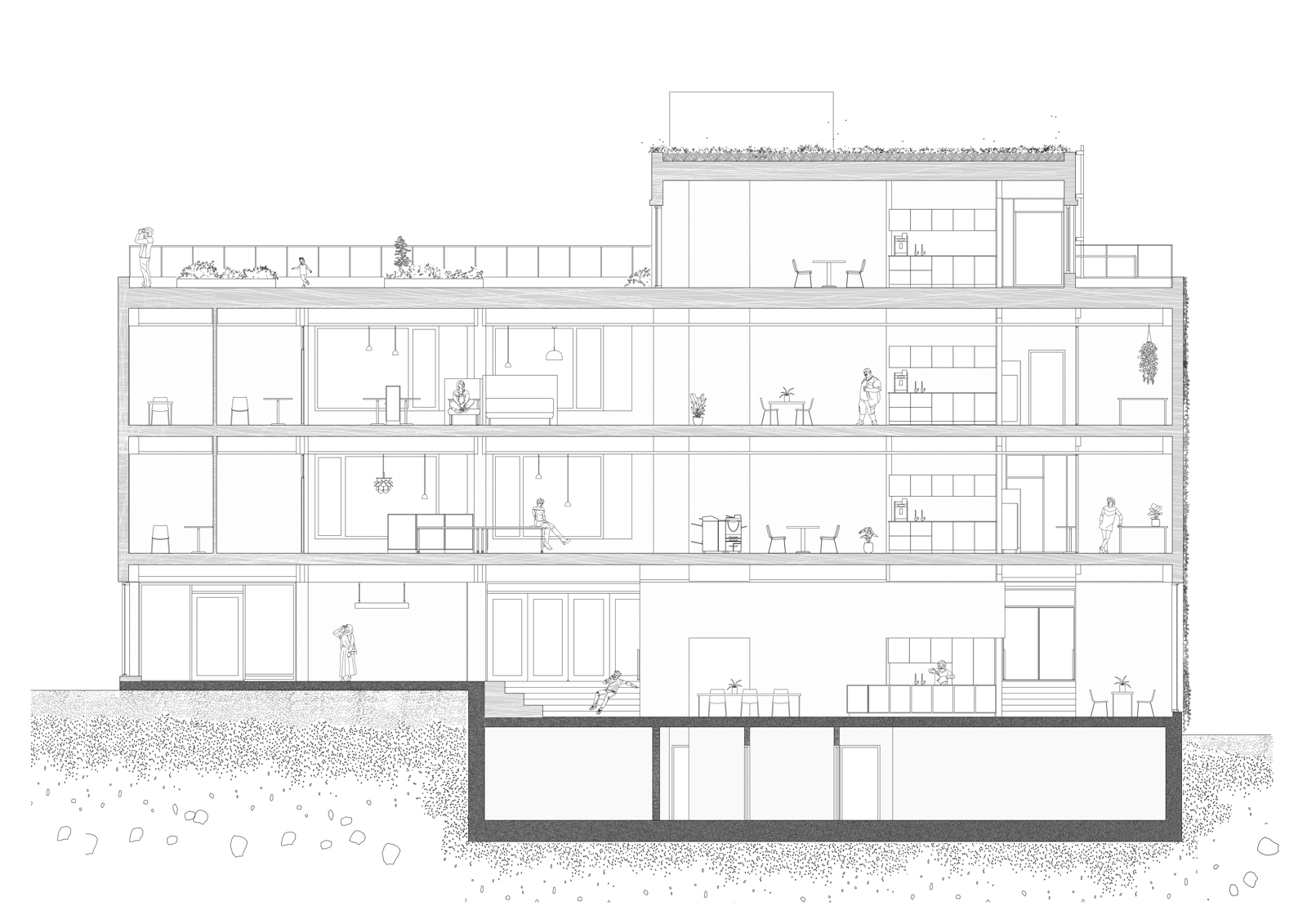 Snitt av kontorbygg. Arkitekt tegning.