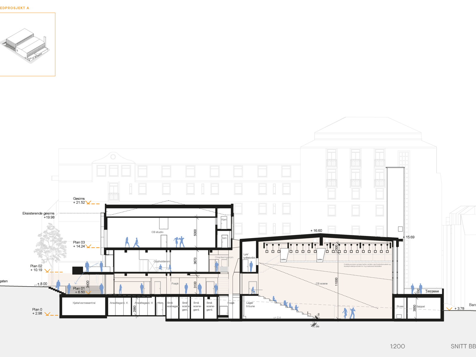 Snitt av et bygg med bla. et auditorie