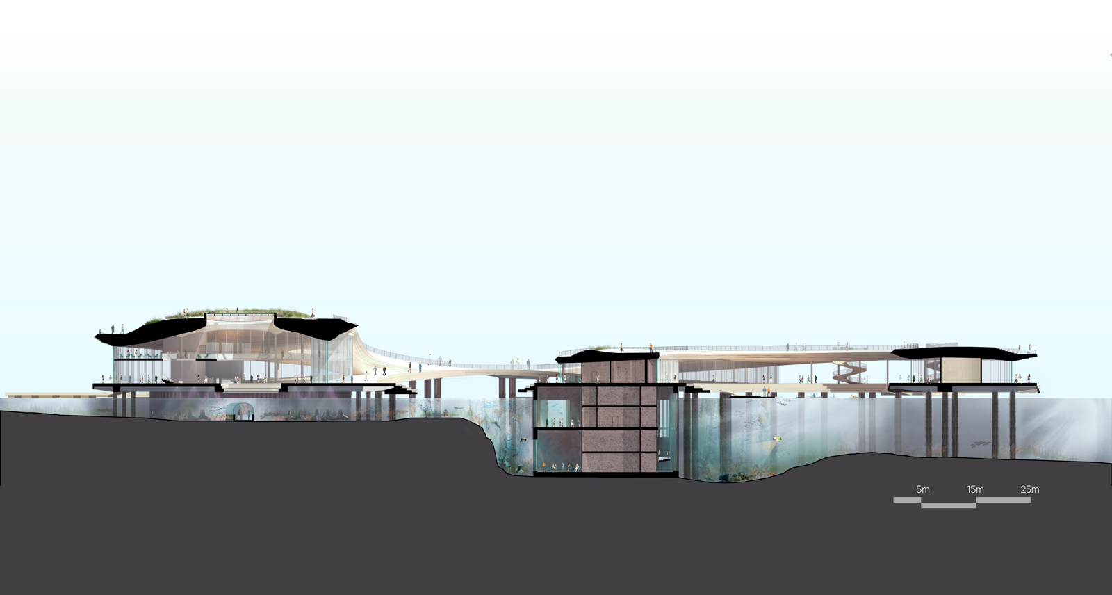 Tegning som viser snitt i Fornebu brygge-prosjektet til Haptic Architects og Oslo Works. Illustrasjon.