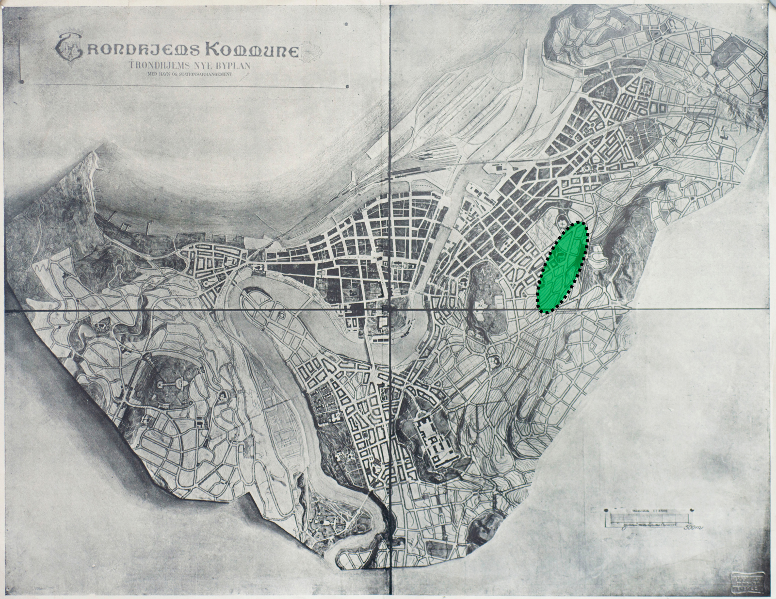 Arkitekt Sverre Pedersens plan for Trondheim fra 1912. TKB-området på Rosenborg i grønt.