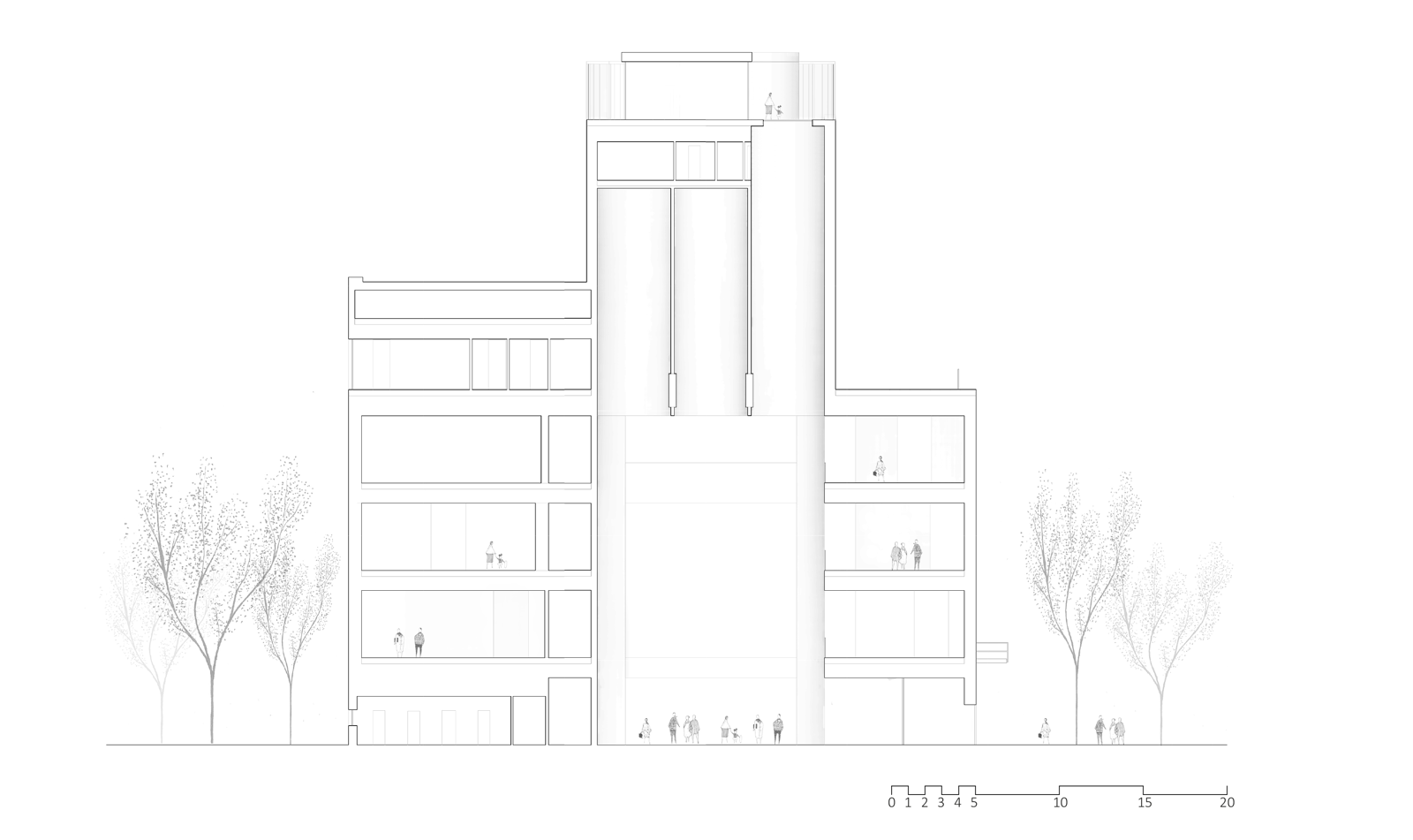 Tverrsnitt av kunstsiloen i Kristiansand. Arkitekt tegning. 