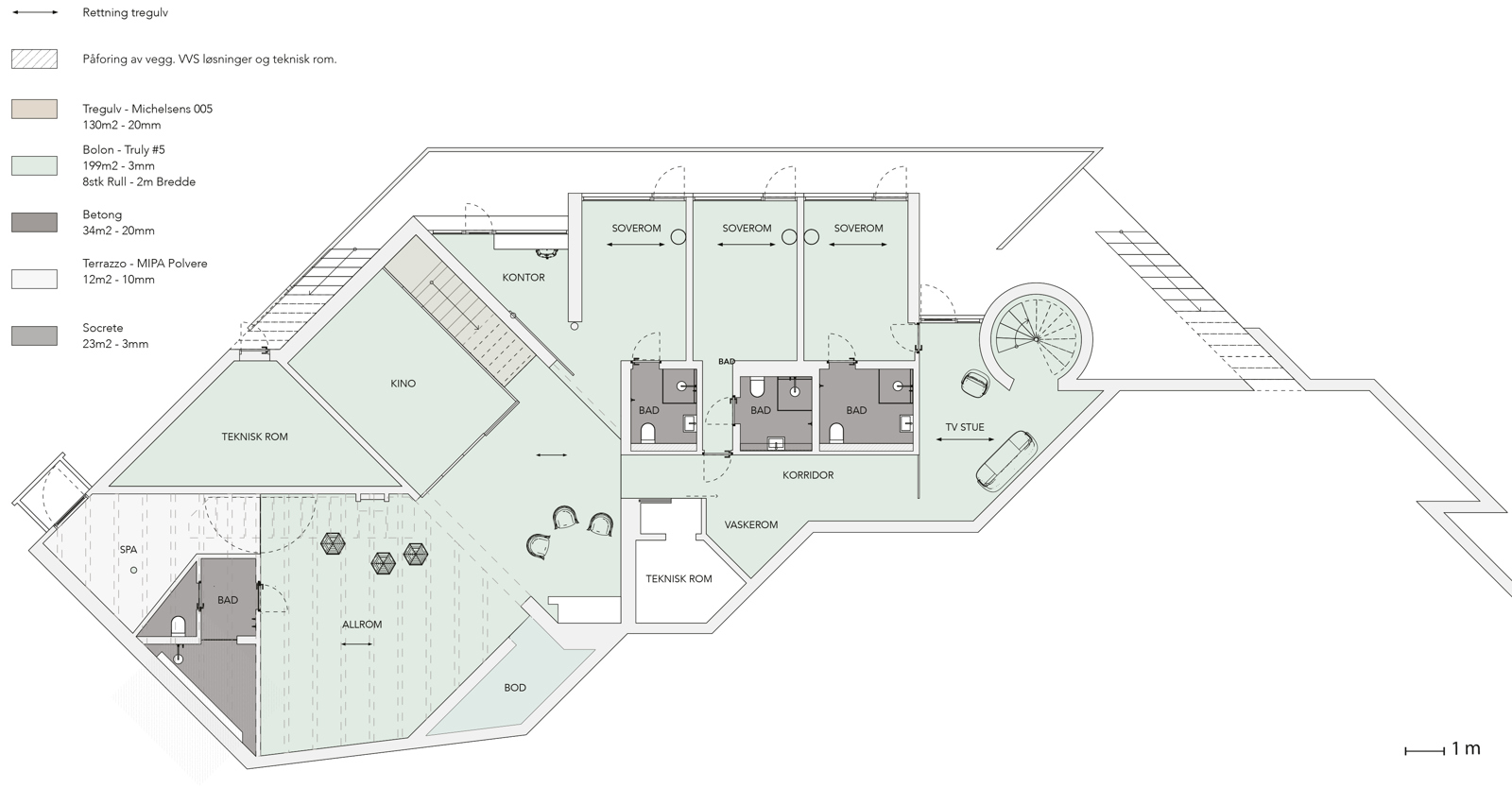 Plantegning av villa som har mange ulike vinkler og viser materialer. Interiør arkitekt tegning.