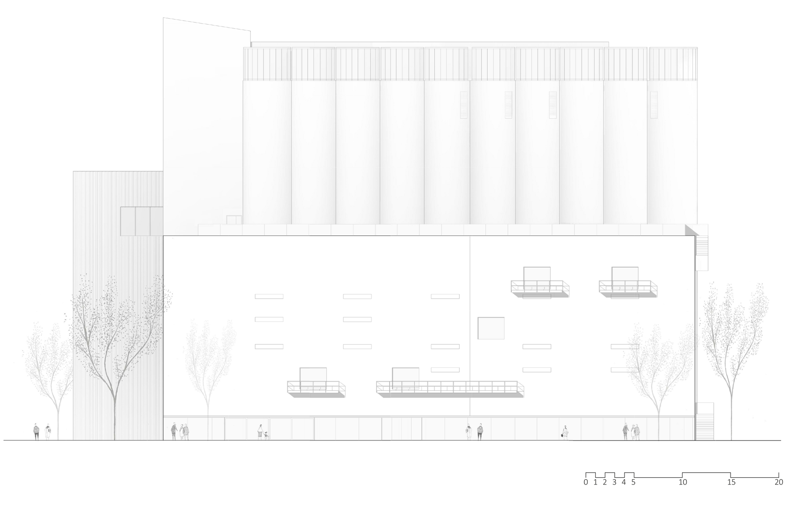 Fasade tegning av kunstsiloen i Kristiansand. Arkitekt tegning. 