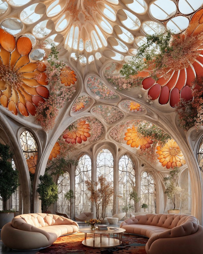 Visualisering av et rom med to store sofaer, organiske former og blomster. Generert av kunstig intelligens. 