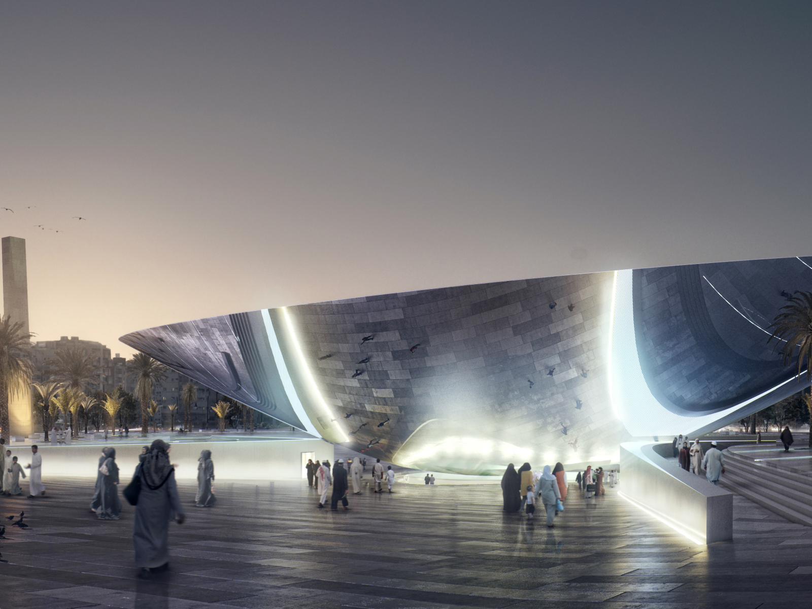 Illustrasjon av den kommende t-banestasjonen Qasr Al Hokm i Riyadh, tegnet av Snøhetta.