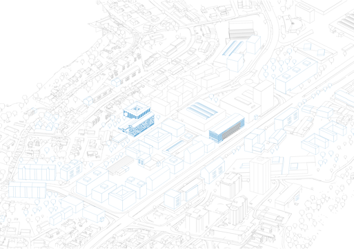 Aksonometrisk tegning som viser deler av by hvor noen bygningsmasser er uthevet i blått. Arkitekt tegning.
