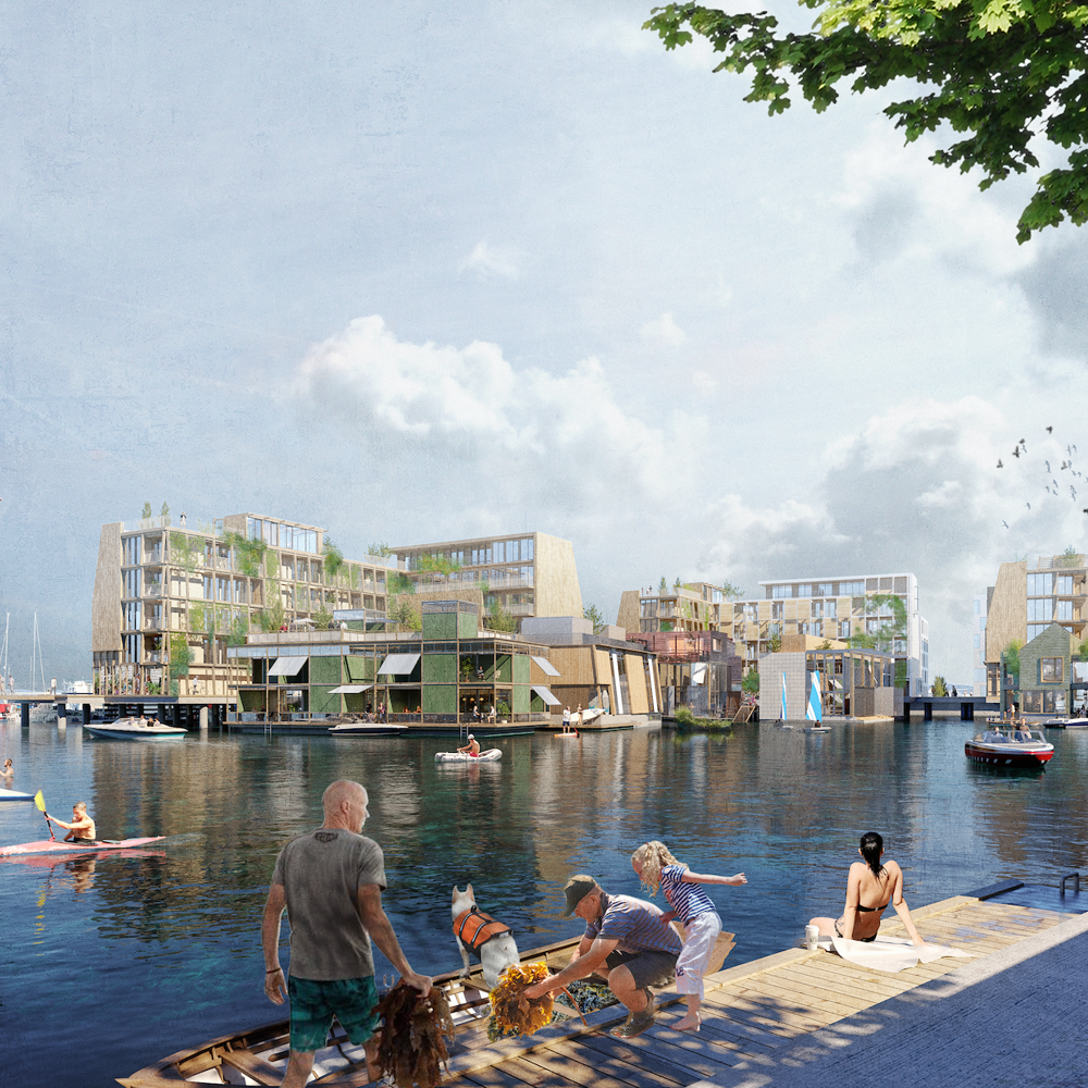 Illustrasjon av Team Vandkunstens forslag til utbygging av «Munkehagen», delområdet av Grønlikaia i Oslo.