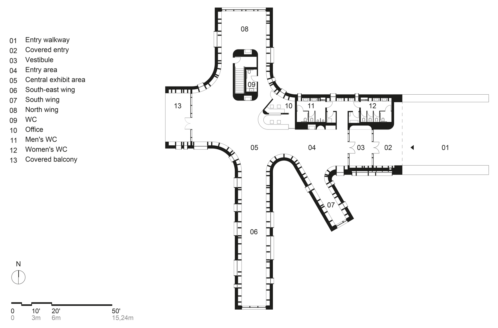 Plan av første etasje på Tekakapimek Contact Station, arkitekttegning med nummerering og beskrivelse av rom.