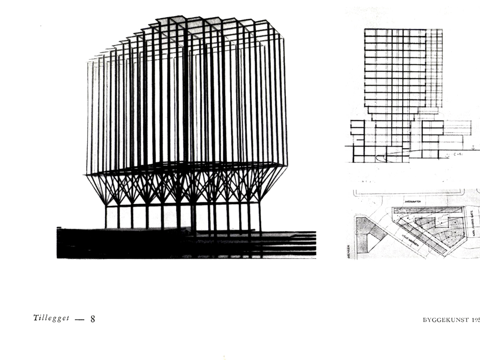 Dobbeltside fra arkitektur magasin som viser arkitekt tegninger. 