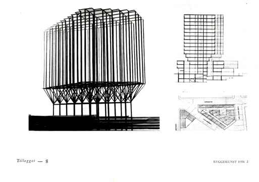 Dobbeltside fra arkitektur magasin som viser arkitekt tegninger. 