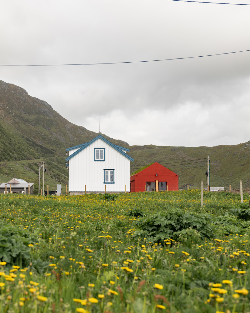 Foto av hvitt bolighus og rødt bygg ved siden av i grønt lanskap.