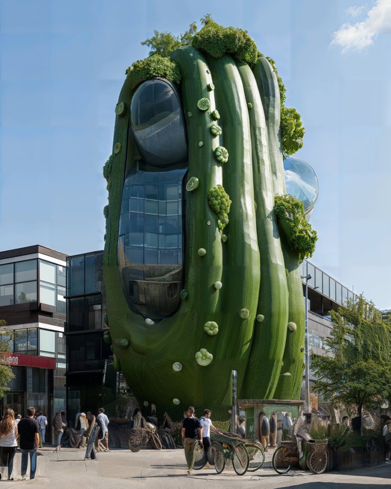 Visualisering som viser et bygg formet som en agurk. Generert av kunstig intelligens.