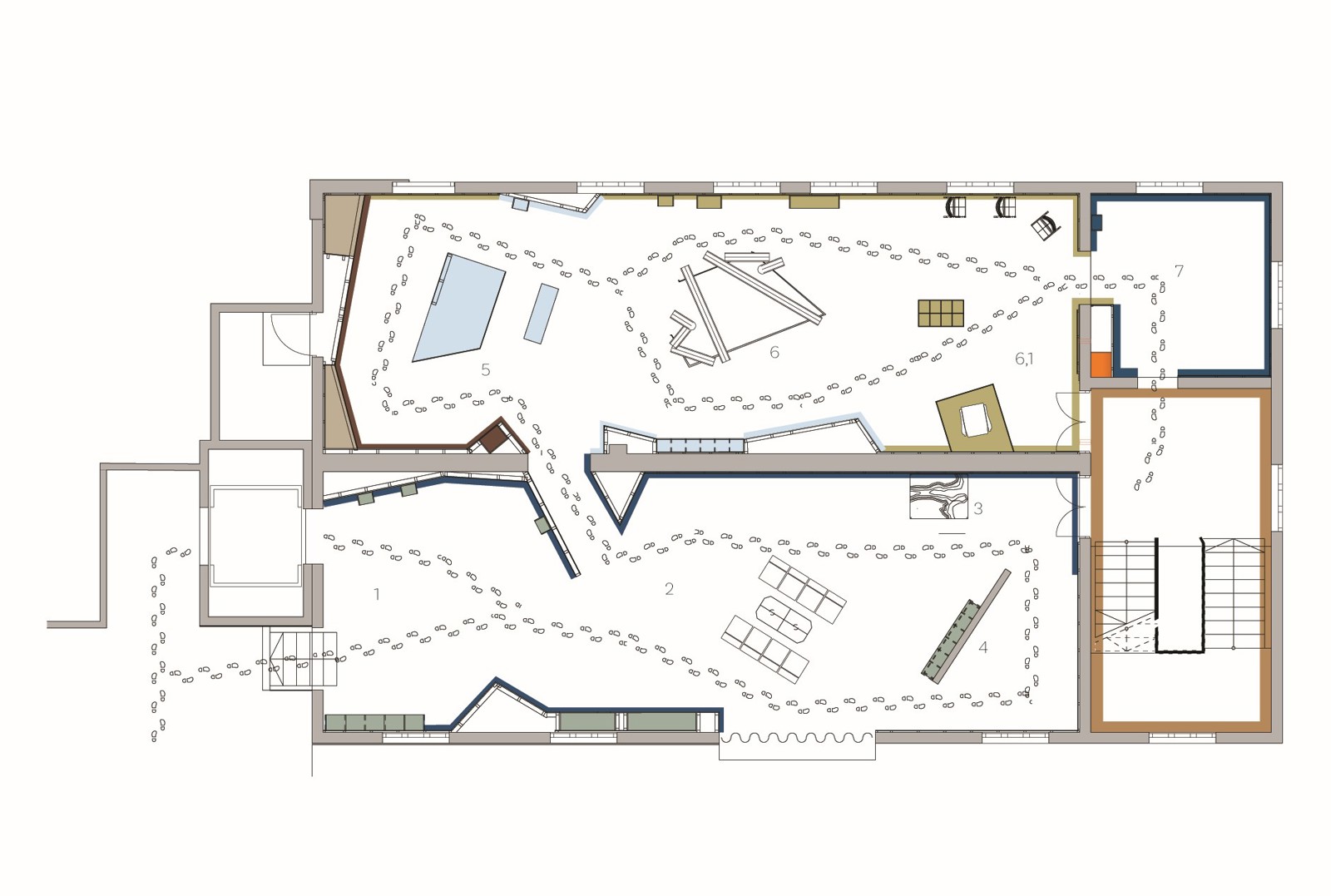 Plantegning som viser hvordan man går igjennom en museums utstilling. Arkitekt tegning.
