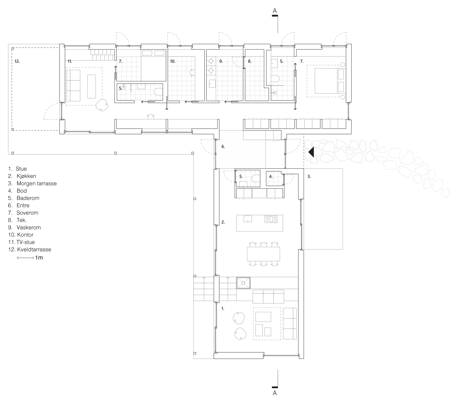 Plantegning av enebolig med romnavn - arkitekttegning. 