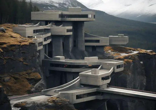 Visualisering av forestilt brutalistisk hotell i fjell landskap.