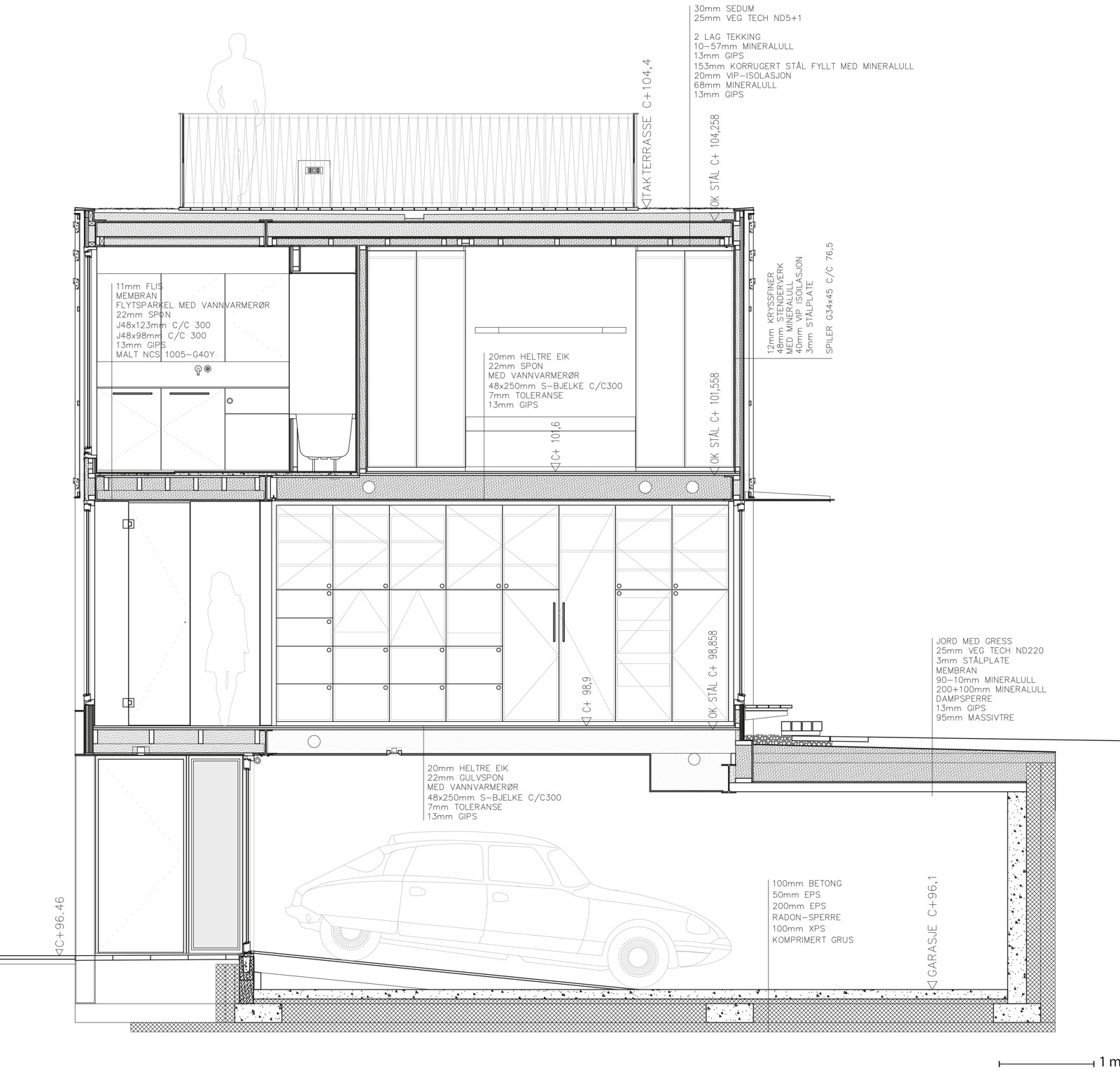 Snitt av bolighus. Arkitekt tegning.