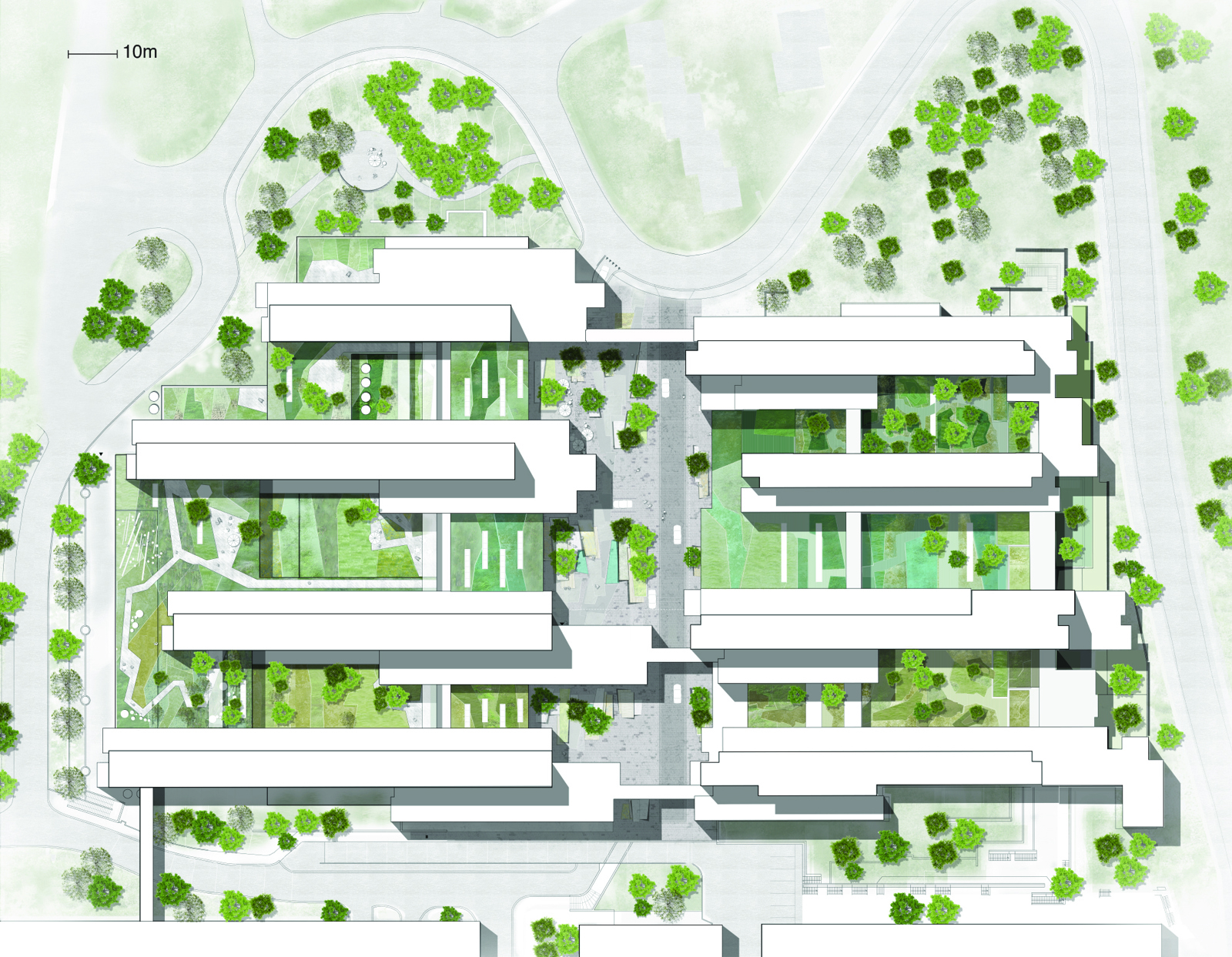 Situasjonsplan over sykehuskomplekset Glasblokkene med omliggende kontekst. Arkitekt tegning.