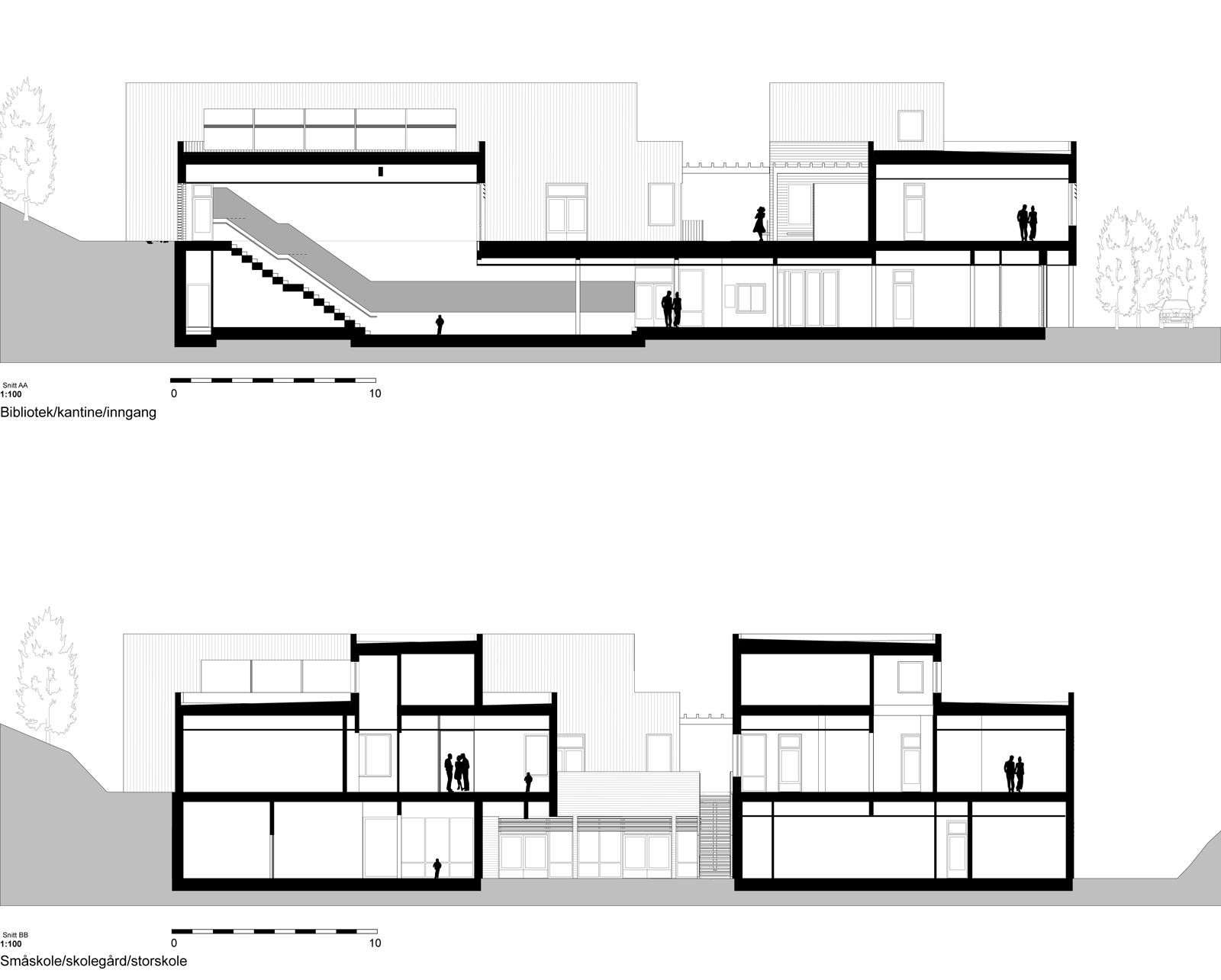 Snitt igjennom skole. Arkitekt tegning.