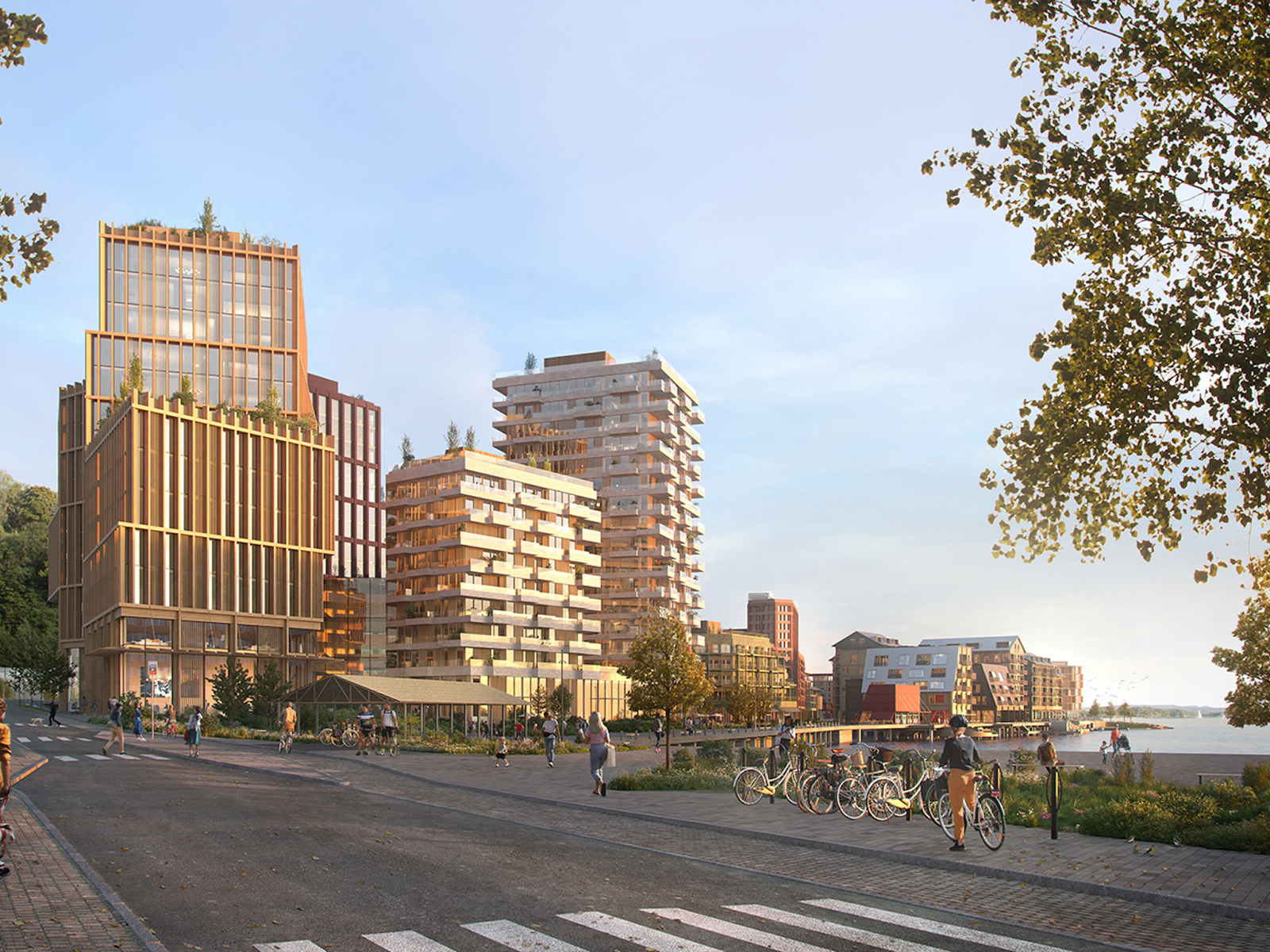 Illustrasjon som viser ny bydel som skal hete verket og ligger langs vannet. Arkitekt rendering.