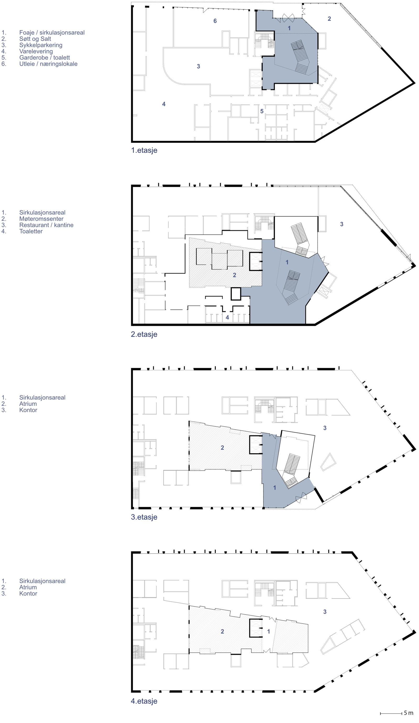 Fire planer av kontorbygg. Arkitekt tegning.