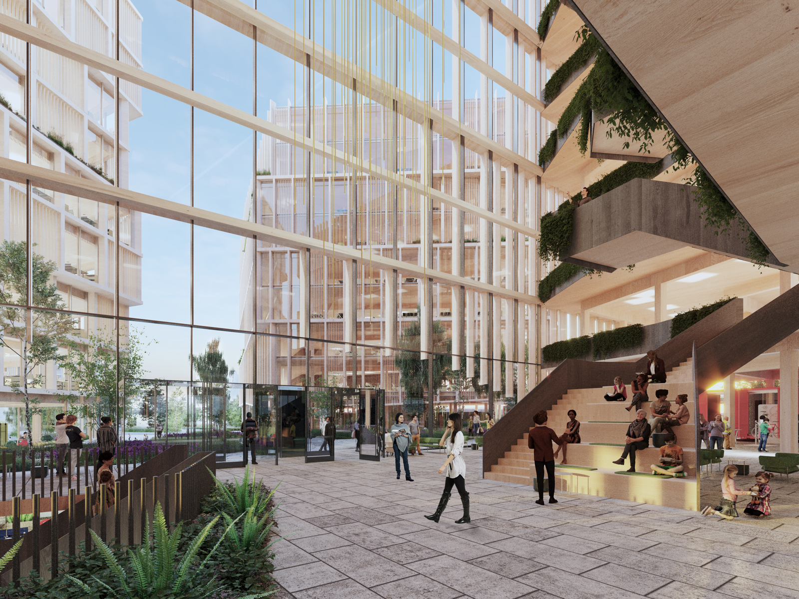 Interiør illustrasjon av første etasje på kontorbygg. Arkitekt rendering.