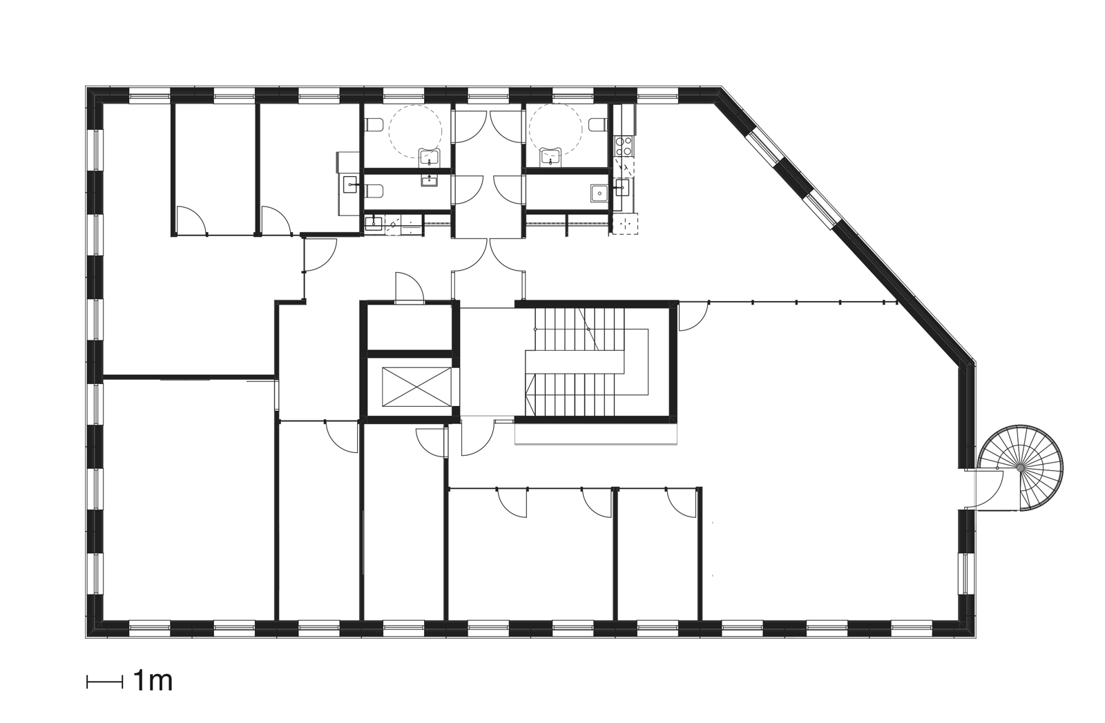 Plan av tredje etasje på kontorbygg, arkitekt tegning.