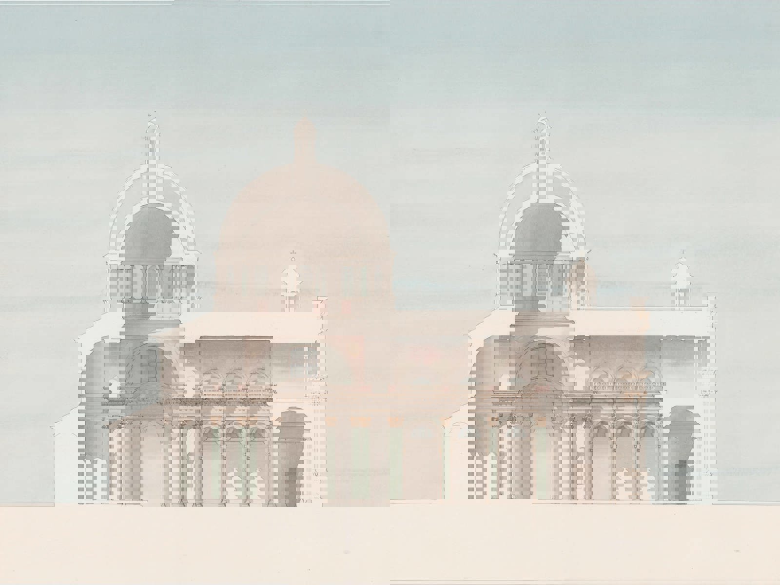 Et snitt av en bygning i akvarell, illustrasjon.