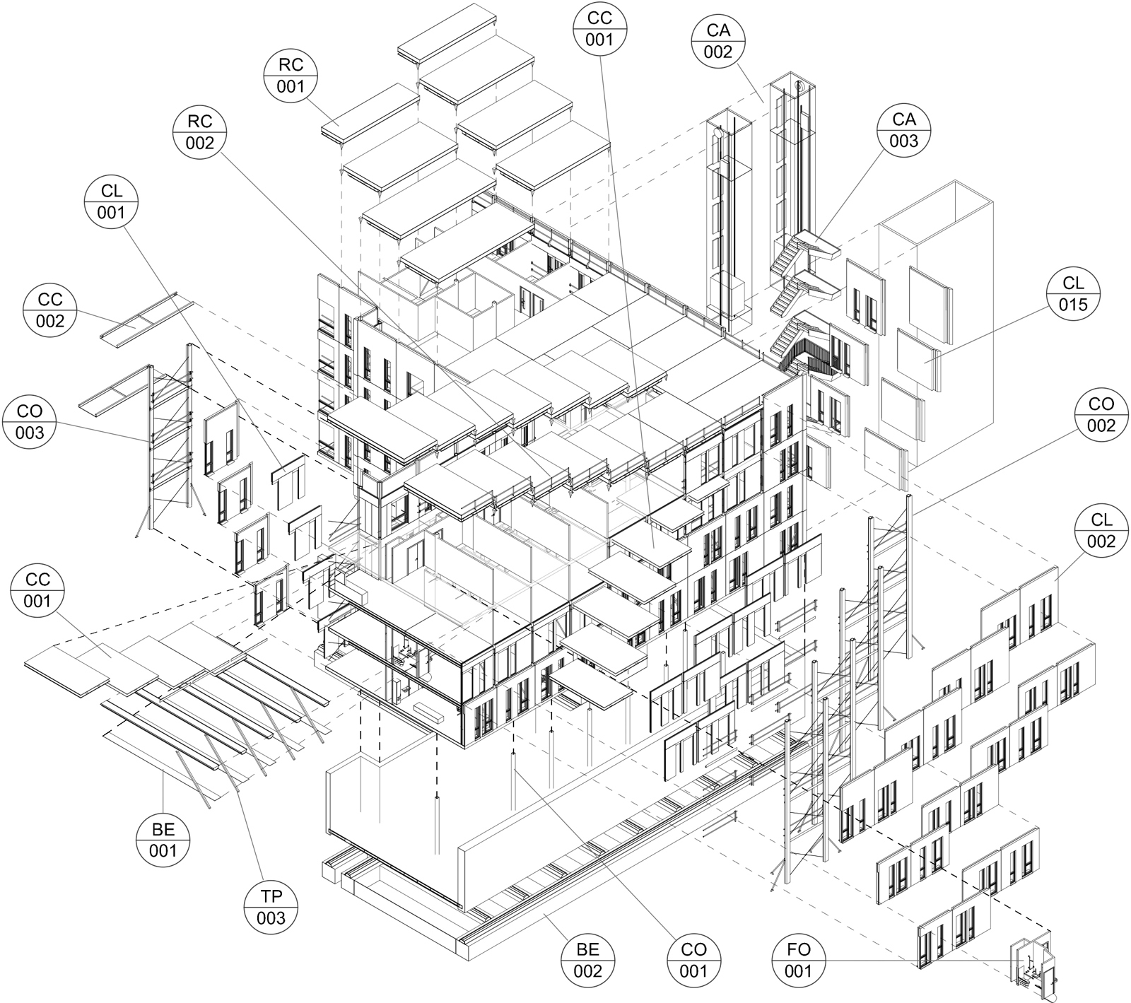 Eksplodert aksonometrisk tegning av alle komponentene i nye Stavanger universitetssykehus.