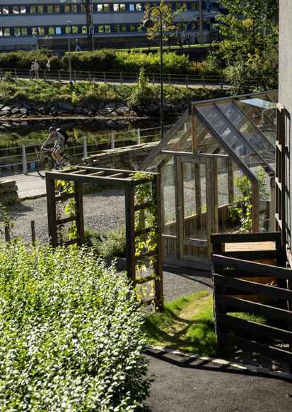 Foto av hage med drivhus og ulike strukturer, en gangvei med en mann som sykler, vann i bakgrunnen.