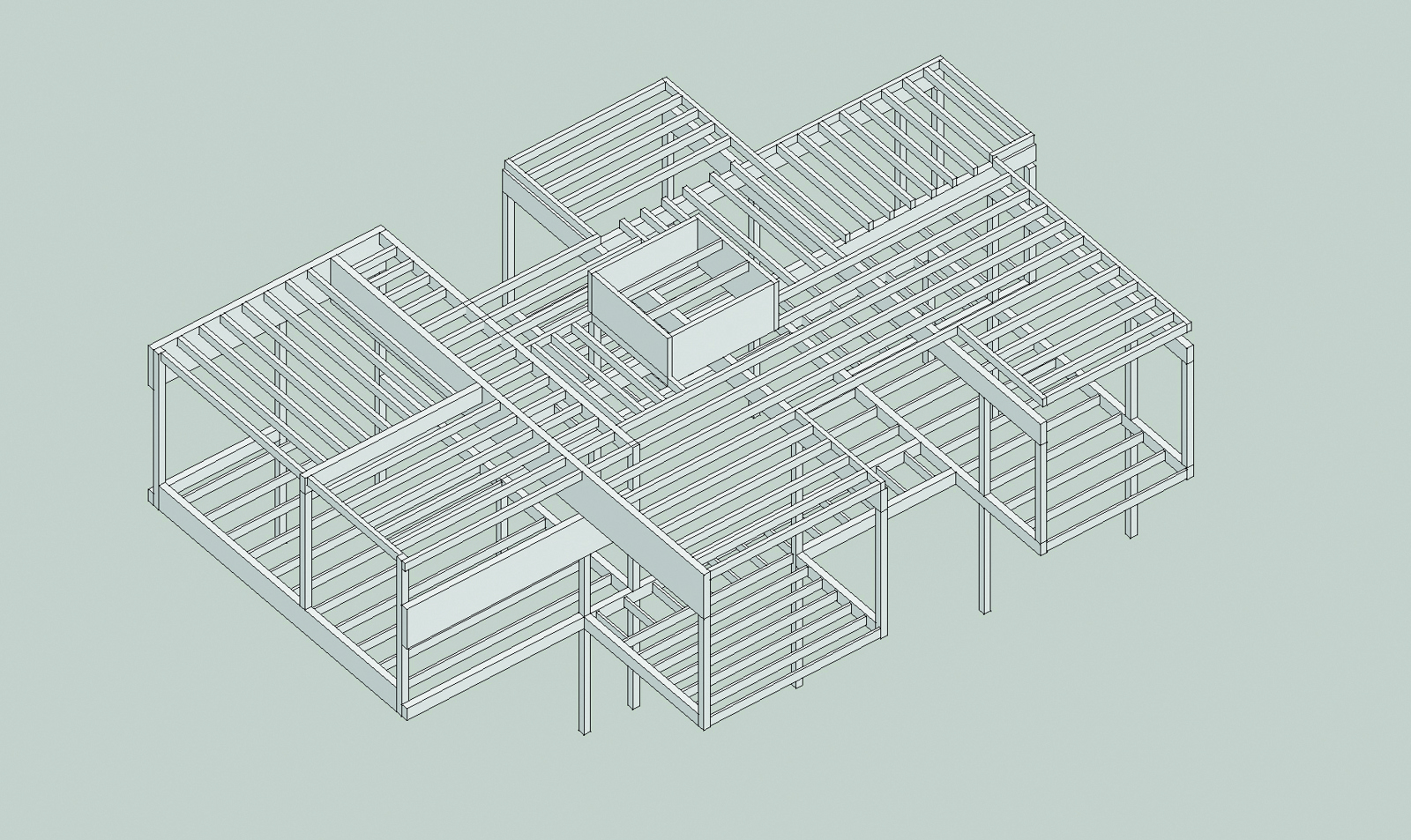 Aksonometrisk tegning av trekonstruksjon i enebolig. Arkitekt tegning.