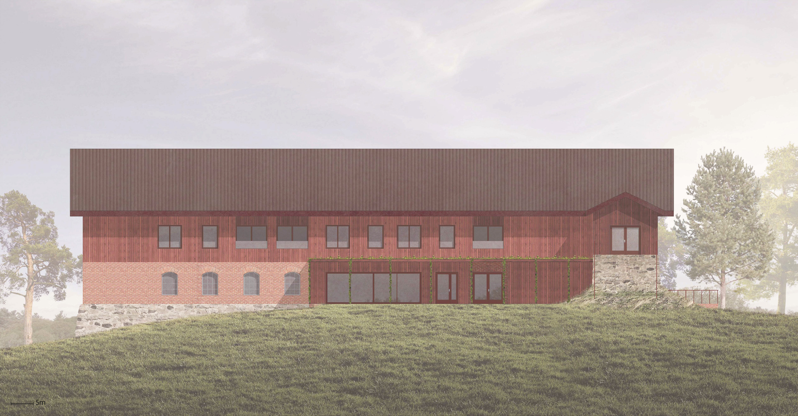 Fasade tegning av ombygd låve, arkitekt tegning.