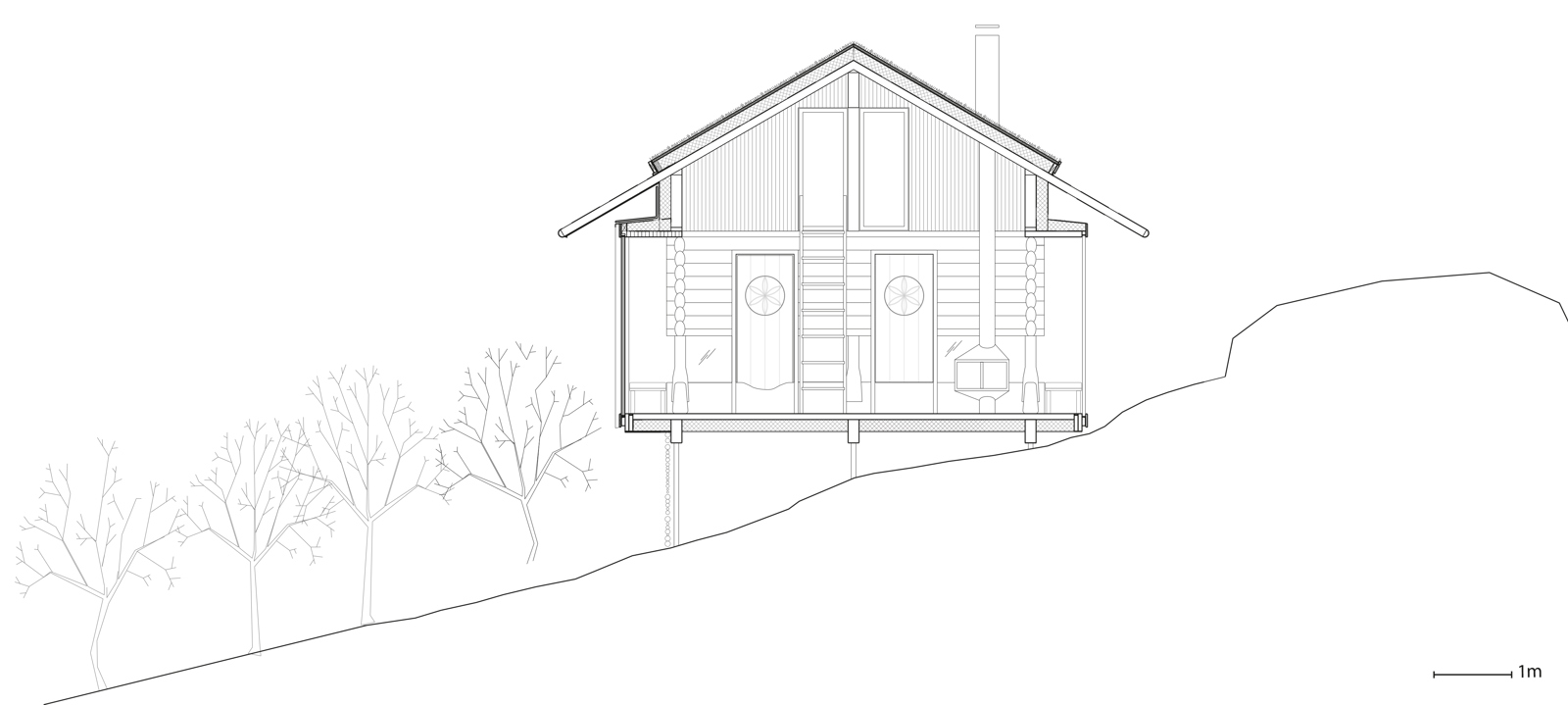 Snitt gjennom hytte. Arkitekt tegning.