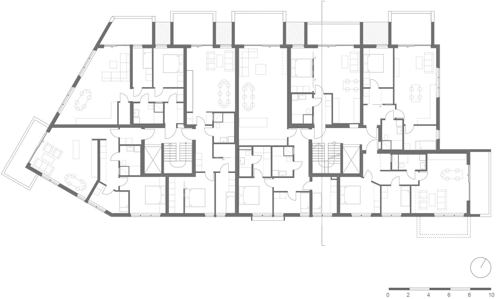 Første etasje plan på boligblokk. Arkitekt tegning.