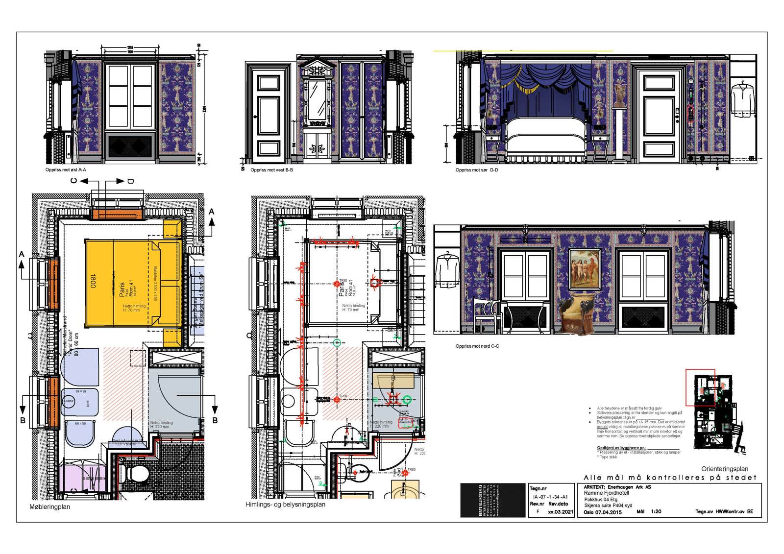 Planer og snitt som viser interiøret i en hotell suite. Diagram/teknisk tegning.