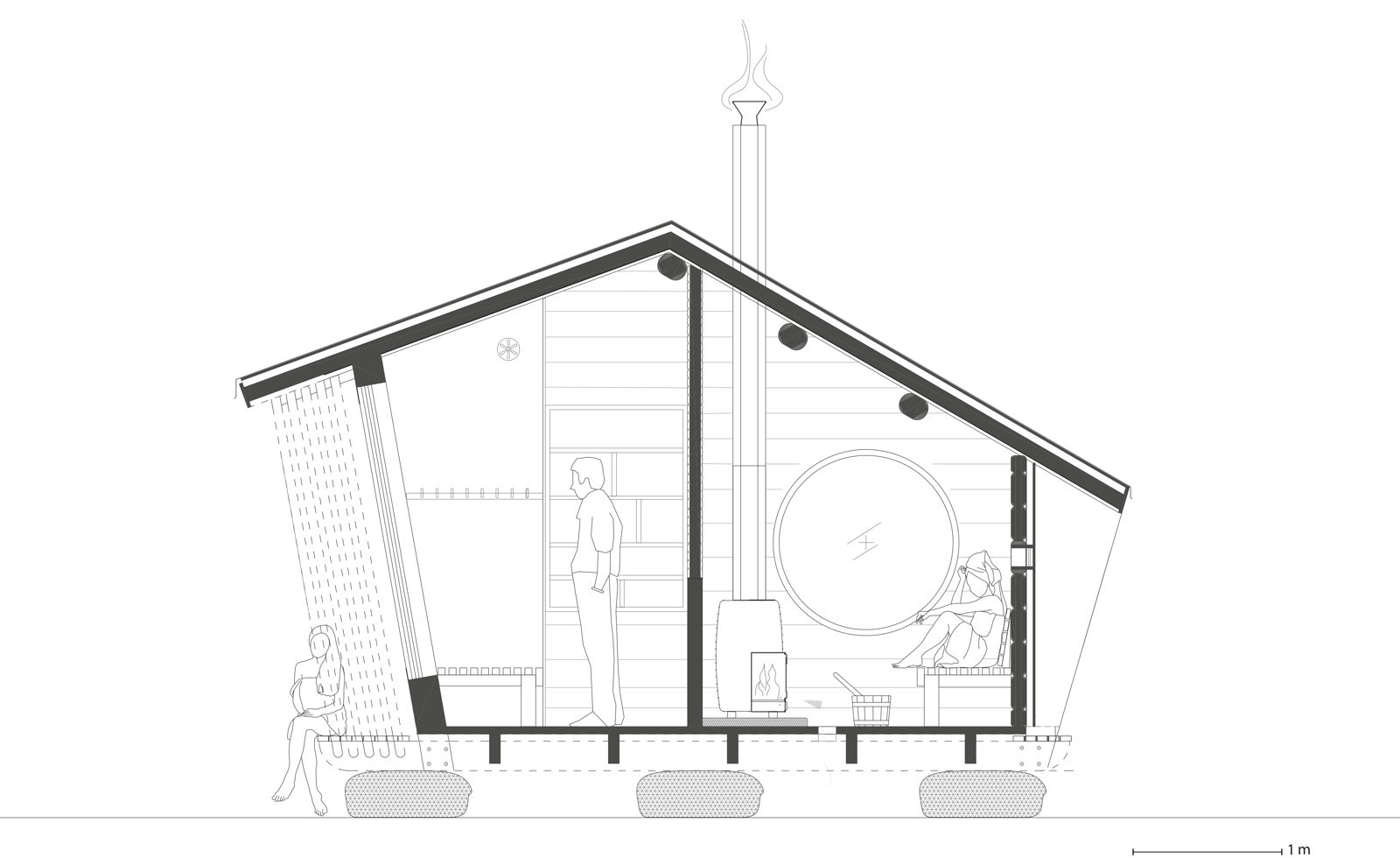 Snitt tegning av sauna, arkitekt tegning. 